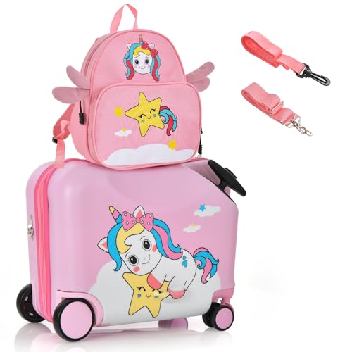 COSTWAY 2tlg Kinderkoffer + Rucksack, 12"+18" Kindertrolley mit Rollen und wasserdichter Hartschale, Kindergepäck, Rollkoffer mit Rucksack für Jungen und Mädchen (Einhorn) von COSTWAY