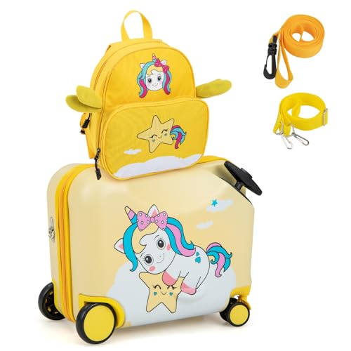 COSTWAY 2tlg Kinderkoffer + Rucksack, 12"+18" Kindertrolley mit Rollen und wasserdichter Hartschale, Kindergepäck, Rollkoffer mit Rucksack für Jungen und Mädchen (Gelb Einhorn) von COSTWAY