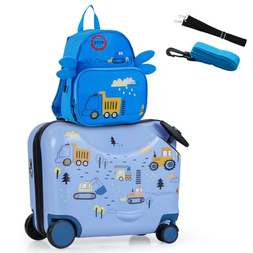 COSTWAY 2tlg Kinderkoffer + Rucksack, 12"+18" Kindertrolley mit Rollen & wasserdichter Hartschale, Kindergepäck mit Tragegurt, Seil & Fußstützen, Rollkoffer für Jungen Mädchen (Bagger) von COSTWAY