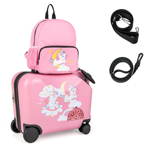 COSTWAY 2tlg Kinderkoffer + Rucksack, 12"+18" Kindertrolley mit Rollen & wasserdichter Hartschale, Kindergepäck mit Tragegurt, Seil & Fußstützen, Rollkoffer für Jungen Mädchen (Rosa Einhorn) von COSTWAY