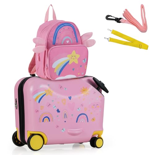 COSTWAY 2tlg Kinderkoffer + Rucksack, 12"+18" Kindertrolley mit Rollen & wasserdichter Hartschale, Kindergepäck mit Tragegurt, Seil & Fußstützen, Rollkoffer für Jungen Mädchen (Stern) von COSTWAY