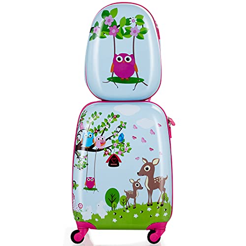 COSTWAY 2tlg Kinderkoffer + Rucksack, Kindertrolley aus Kunststoff, Kindergepäck, Kinder Kofferset Handgepäck Reisegepäck Hartschalenkoffer für Jungen und Mädchen (Eule, 12"+16") von COSTWAY