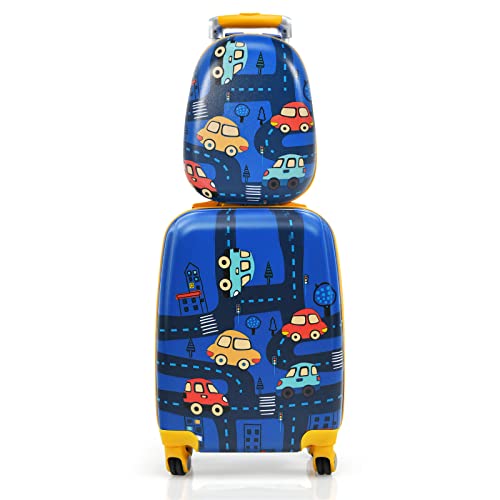 COSTWAY 2tlg Kinderkoffer + Rucksack, Kindertrolley aus Kunststoff, Kindergepäck, Kinder Kofferset Handgepäck Reisegepäck Hartschalenkoffer für Jungen und Mädchen (Verkehrsmittel, 12"+18") von COSTWAY