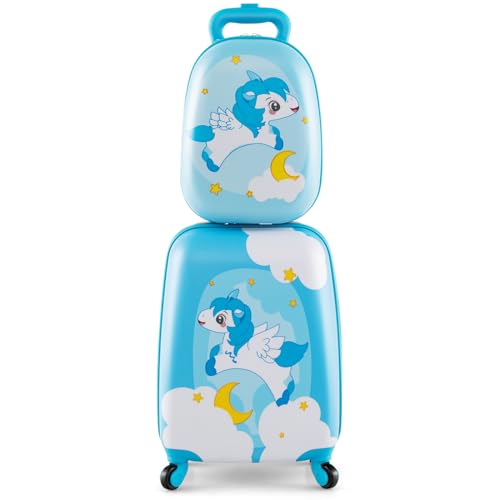 COSTWAY 2tlg Kinderkoffer + Rucksack, Kindertrolley aus Kunststoff, Kindergepäck, Kinder Kofferset Handgepäck Reisegepäck Hartschalenkoffer für Jungen & Mädchen (Blau Einhorn, 12"+16") von COSTWAY