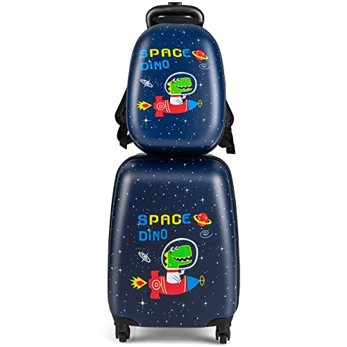 COSTWAY 2tlg Kinderkoffer + Rucksack, Kindertrolley aus Kunststoff, Kindergepäck, Kinder Kofferset Handgepäck Reisegepäck Hartschalenkoffer für Jungen und Mädchen (Dinosaurier, 12"+16") von COSTWAY