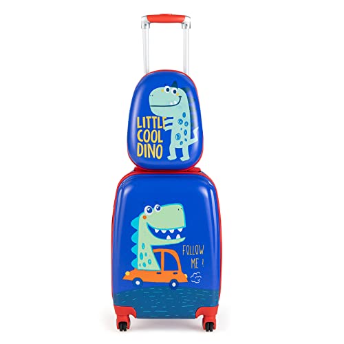 COSTWAY 2tlg Kinderkoffer + Rucksack, Kindertrolley aus Kunststoff, Kindergepäck, Kinder Kofferset Handgepäck Reisegepäck Hartschalenkoffer für Jungen und Mädchen (Dinosaurier, 12"+18") von COSTWAY