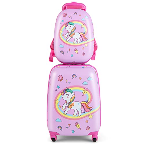 COSTWAY 2tlg Kinderkoffer + Rucksack, Kindertrolley aus Kunststoff, Kindergepäck, Kinder Kofferset Handgepäck Reisegepäck Hartschalenkoffer für Jungen und Mädchen (Einhörner, 12"+16") von COSTWAY