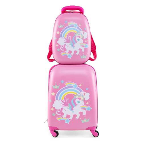 COSTWAY 2tlg Kinderkoffer + Rucksack, Kindertrolley aus Kunststoff, Kindergepäck, Kinder Kofferset Handgepäck Reisegepäck Hartschalenkoffer für Jungen und Mädchen (Mermaid, 12"+16") von COSTWAY