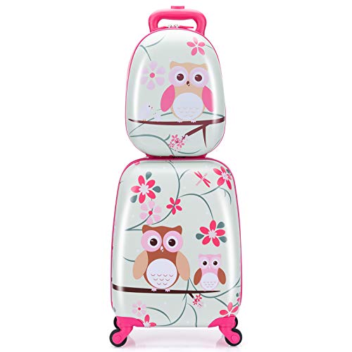 COSTWAY 2tlg Kinderkoffer + Rucksack, Kindertrolley aus Kunststoff, Kindergepäck, Kinder Kofferset Handgepäck Reisegepäck Hartschalenkoffer für Jungen und Mädchen (Rosa Eule, 12"+16") von COSTWAY