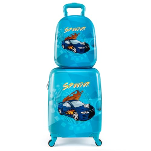 COSTWAY 2 teiliger Kinderkoffer+ Rucksack, 13” + 16” Kindertrolley, Kindergepäck mit höhenverstellbarer Griff, Kinder Reisekoffer Flugzeug, Hartschalenkoffer für Jungen & Mädchen (Auto) von COSTWAY