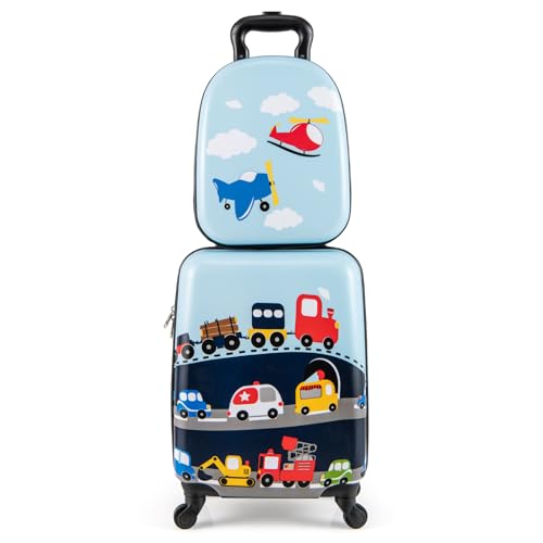 COSTWAY 2 teiliger Kinderkoffer+ Rucksack, 13” + 17” Kindertrolley, Kindergepäck mit höhenverstellbarer Griff, Kinder Reisekoffer Flugzeug, Hartschalenkoffer für Jungen & Mädchen (Verkehrsmittel) von COSTWAY