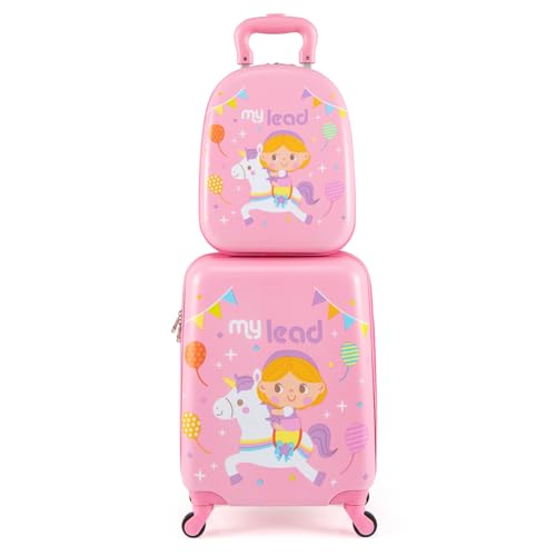 COSTWAY 2 teiliger Kinderkoffer+ Rucksack, 13” + 16” Kindertrolley, Kindergepäck mit höhenverstellbarer Griff, Kinder Reisekoffer Flugzeug, Hartschalenkoffer für Jungen & Mädchen (Einhörner) von COSTWAY
