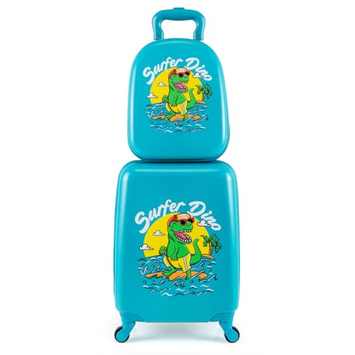 COSTWAY 2 teiliger Kinderkoffer+ Rucksack, 13” + 16” Kindertrolley, Kindergepäck mit höhenverstellbarer Griff, Kinder Reisekoffer Flugzeug, Hartschalenkoffer für Jungen & Mädchen (Dinosaurier) von COSTWAY