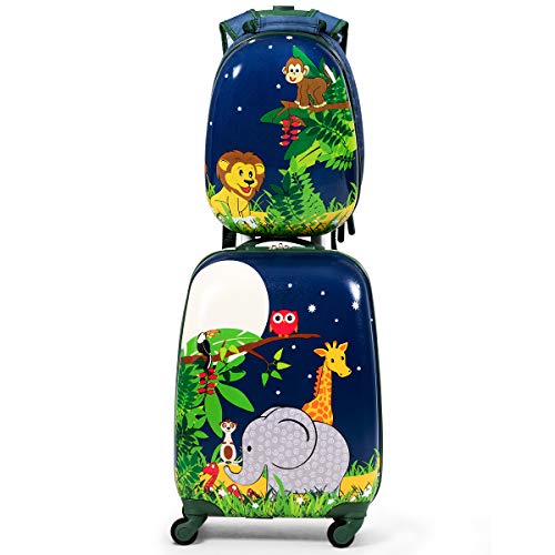 COSTWAY 2tlg Kinderkoffer + Rucksack, Kindertrolley aus Kunststoff, Kindergepäck, Kinder Kofferset Handgepäck Reisegepäck Hartschalenkoffer für Jungen und Mädchen (Löwe, 12"+16") von COSTWAY