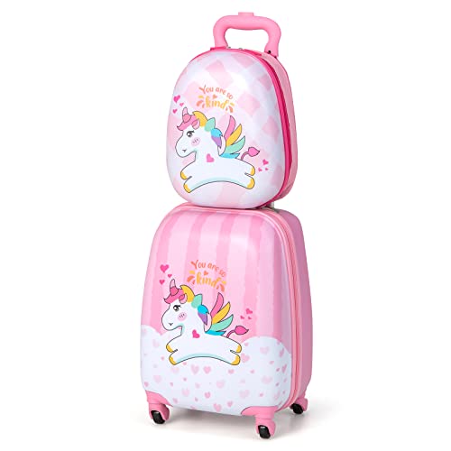 COSTWAY 2tlg Kinderkoffer + Rucksack, Kindertrolley aus Kunststoff, Kindergepäck, Kinder Kofferset Handgepäck Reisegepäck Hartschalenkoffer für Jungen und Mädchen (Pink Einhorn, 12"+16") von COSTWAY
