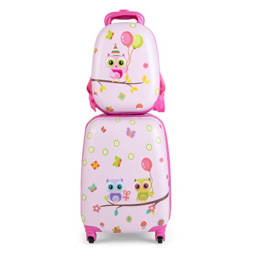 COSTWAY 2tlg Kinderkoffer + Rucksack, Kindertrolley aus Kunststoff, Kindergepäck, Kinder Kofferset Handgepäck Reisegepäck Hartschalenkoffer für Jungen & Mädchen (Rosa Vögelchen, 12"+16") von COSTWAY