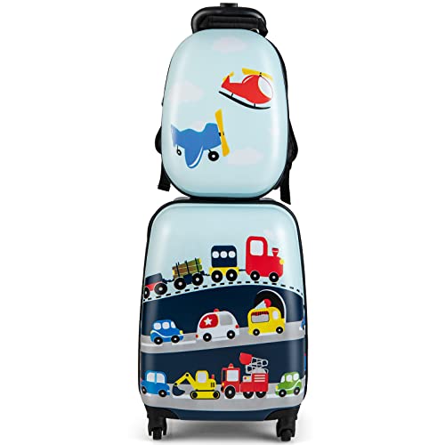 COSTWAY 2tlg Kinderkoffer + Rucksack, Kindertrolley aus Kunststoff, Kindergepäck, Kinder Kofferset Handgepäck Reisegepäck Hartschalenkoffer für Jungen und Mädchen (Verkehrsmittel, 12"+16") von COSTWAY