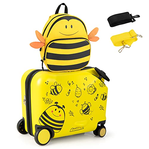 COSTWAY 2tlg Kinderkoffer + Rucksack, 12"+18" Kindertrolley mit Rollen und wasserdichter Hartschale, Kindergepäck, Rollkoffer mit Rucksack für Jungen und Mädchen (Bienen) von COSTWAY