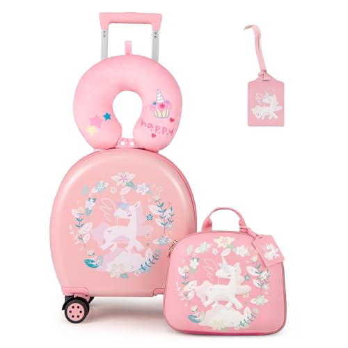 COSTWAY 4 teiliges Kinderkoffer + Rucksack, 10”+14” Kindertrolley mit Rollen, Kindergepäck mit Nackenkissen & Gepäckanhänger, Reisekoffer Set für Jungen & Mädchen (Rosa) von COSTWAY