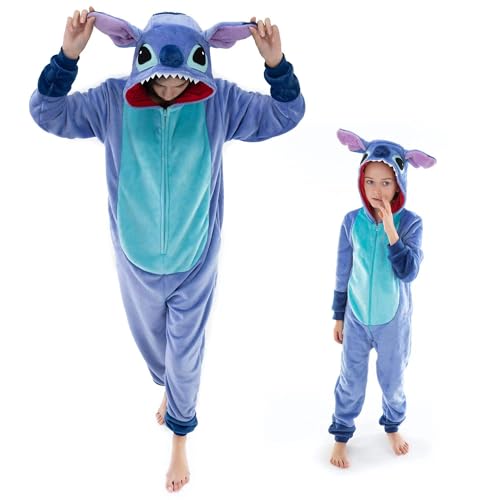 Taillierter Unisex Erwachsene Bär Einteiler Schlafanzug Halloween Sherpa Damen Cosplay Tier Einteiler Kostüm, Blau, Stitch, X-Large von COSUSKET