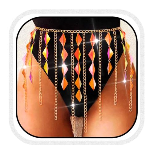 COSYDAYS Pailletten-Taillenkette, goldfarbene Quaste, Bauchkette, Fransen-Körperkette, Schmuck für Damen, Schillerndes Orange, Einheitsgröße von COSYDAYS