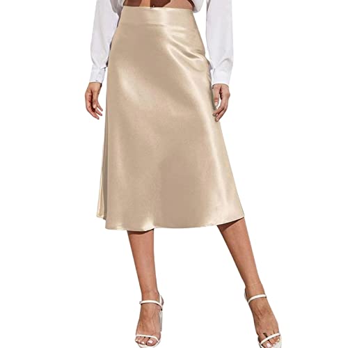 COTCLO Langer Rock Damen Chiffon Rock Damen Midi Rock Hohe Taille Einfarbig Satin Kleid Reißverschluss Damen Sommerröcke, khaki, 34 von COTCLO