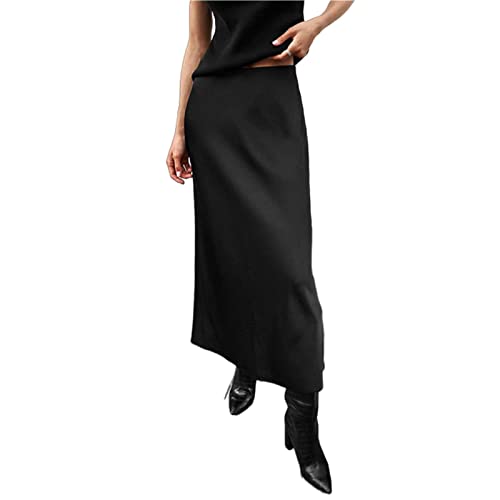 COTCLO Langer Rock Damen Elegante Braune Satinröcke Frauen Mode Schwarz Satin Langer Rock Vintage A-Linie Party Röcke Weiblich-Black,L von COTCLO