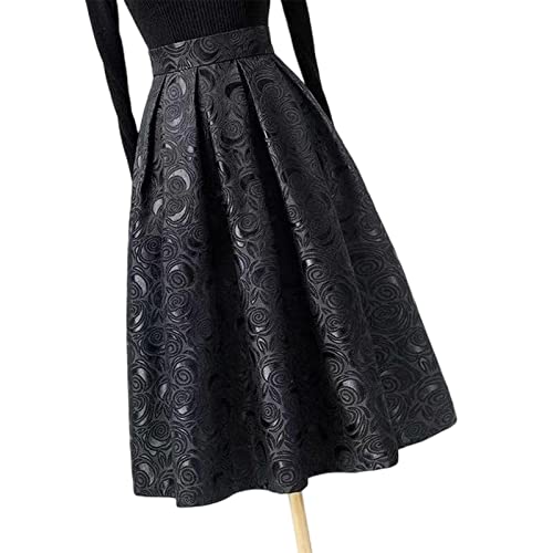 COTCLO Langer Rock Damen Frühling Sommer Blumen Jacquard Rock Damen Hohe Taille Midi Lang A Linie Rock Big Swing Röcke, Schwarz , 36 von COTCLO