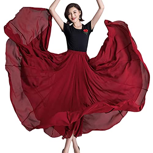 COTCLO Langer Rock Damen Tanzrock Plissee Langer Rock Sommer Einfarbig Hohe Taille Chiffon Langer Rock Großer Swing Rock, burgunderrot, 48 von COTCLO