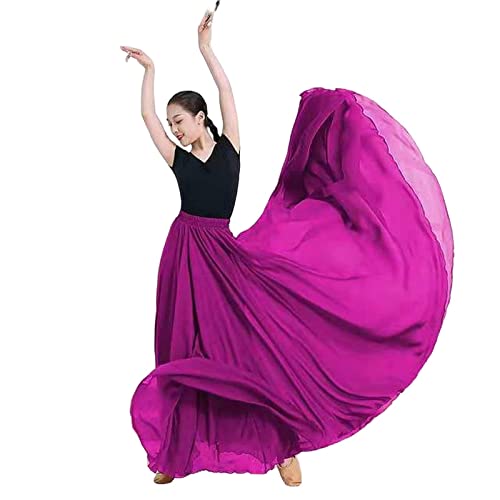 COTCLO Langer Rock Damen Tanzrock Plissee Langer Rock Sommer Einfarbig Hohe Taille Chiffon Langer Rock Großer Swing Rock, fuchsia, 40 von COTCLO