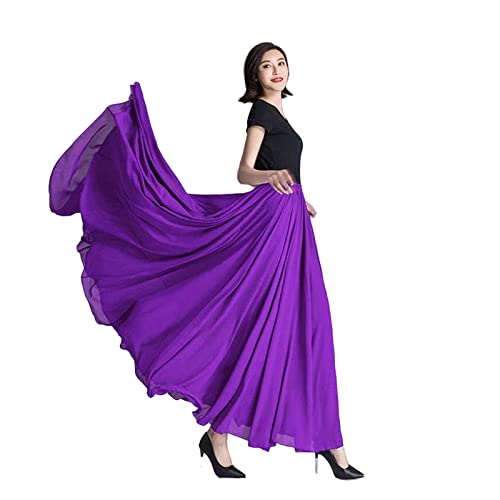 COTCLO Langer Rock Damen Tanzrock Plissee Langer Rock Sommer Einfarbig Hohe Taille Chiffon Langer Rock Großer Swing Rock, violett, 40 von COTCLO