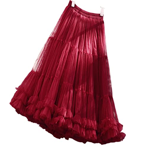 COTCLO Langer Rock Puffy Midi Tüll Röcke Frauen Elastische Braut Brautjungfer Tüllrock Rüschen Kuchen Tutu Rock Für High School Student - Rot, M Länge 76 cm von COTCLO