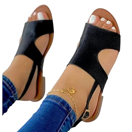 COTCLO Sommersandalen Damen Flache Sandalen Kunstleder Offene Zehen Damen Strandschuhe Sommer Hausschuhe Sandalen Schnalle Riemen Flip Flops Sandalen-Schwarz, 38 von COTCLO