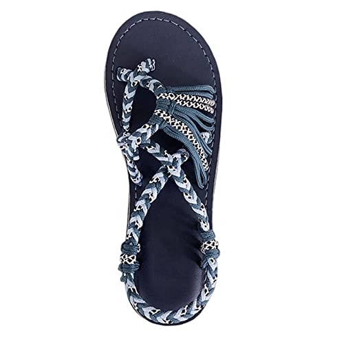 COTCLO Sommersandalen Sommersandalen Schuhe Damen Farbe Passender Seilknoten Strandzehensandalen Bequeme Frauen Übergröße Schuhe - Blau, 38 von COTCLO