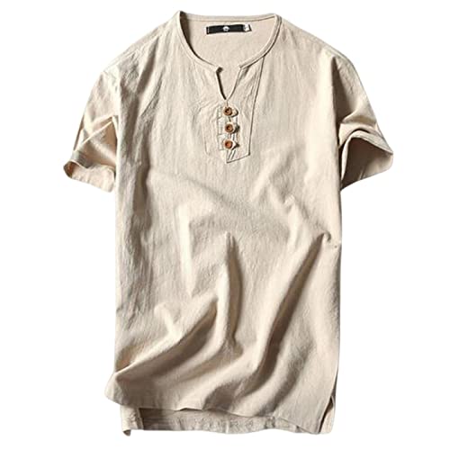 COTCLO T-Shirts Herren Herren T-Shirts Übergröße 5XL 6XL 8XL 9XL Groß Übergroßes T-Shirt Leinen Kurzarm T-Shirt Herren Sommer Männer Beige, Brust 115 cm XL von COTCLO