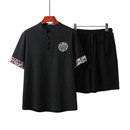 COTCLO T-Shirts Herren Übergröße Herren Sommer Stickerei T-Shirt Sets 150 kg 6XL 7XL 8XL 9XL lose Leinensets - Schwarz mit Hose, 8XL von COTCLO
