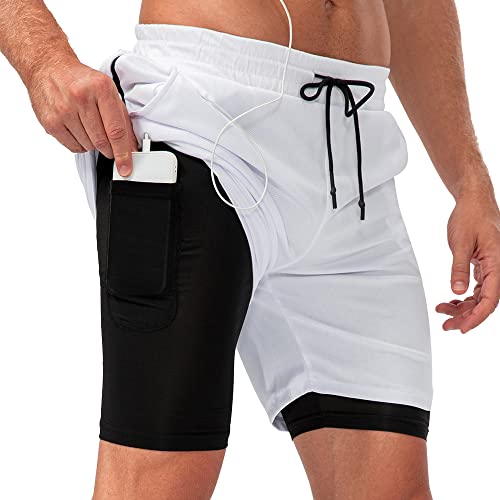 COTOP Sporthose Herren Kurz 2 in 1, Laufhose mit innenhose, Running Shorts Sommer mit Taschen, Atmungsaktive Sports Shorts für Fitness Joggen Gym (Weiß 2XL) von COTOP