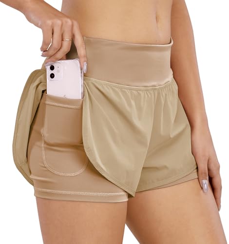 COTOP Laufhose Damen Kurz, 2 in 1 Sporthose Kurze Sommer mit Tasche, Midwaist Sport Shorts Teenager Mädchen mit Elastisch Unterhose für Volleyball, Joggen, Gym (Khaki S) von COTOP