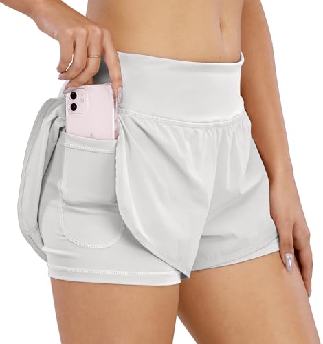 COTOP Laufhose Damen Kurz, 2 in 1 Sporthose Kurze Sommer mit Tasche, Midwaist Sport Shorts Teenager Mädchen mit Elastisch Unterhose für Volleyball, Joggen, Gym (Weiß XL) von COTOP
