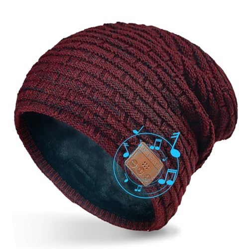 COTOP Mütze Bluetooth Herren, Winter Beanie mit Kopfhörer, Warme Fleece Strickmütze für Ski, Laufen, HD-Musik Hut, Geschenk Männer Damen in Weihnachten (Dunkelrot) von COTOP