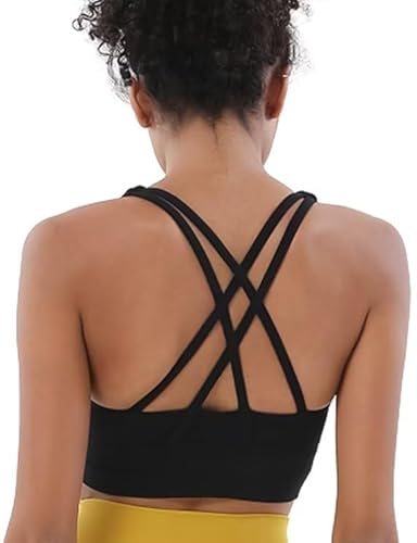 COTOP Sport BH Damen Rückenfrei, Ohne Bügel Yoga Bra Starker Halt, Cross Back BH mit Gepolstert für Fitness Lauf Joggen (Schwarz L) von COTOP