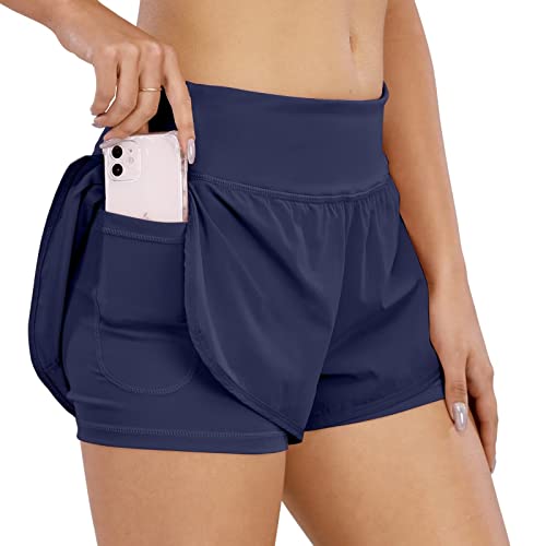 COTOP Sporthose Damen Kurz Sommer, Laufhose High Waist 2 in 1 mit Tasche, Elastisch Schnelltrocknende Running Shorts für Fitness Joggen Gym Training (Blau L) von COTOP