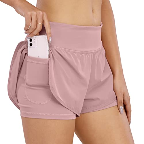 COTOP Sporthose Damen Kurz Sommer, Laufhose High Waist 2 in 1 mit Tasche, Elastisch Schnelltrocknende Running Shorts für Fitness Joggen Gym Training (Rosa L) von COTOP