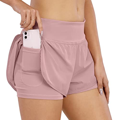 COTOP Laufhose Damen Kurz, 2 in 1 Sporthose Kurze Sommer mit Tasche, Midwaist Sport Shorts Teenager Mädchen mit Elastisch Unterhose für Volleyball, Joggen, Gym (Rosa XL) von COTOP