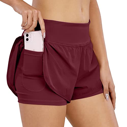 COTOP Laufhose Damen Kurz, 2 in 1 Sporthose Kurze Sommer mit Tasche, Midwaist Sport Shorts Teenager Mädchen mit Elastisch Unterhose für Volleyball, Joggen, Gym (Rot 2XL) von COTOP