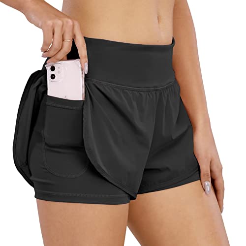 COTOP Laufhose Damen Kurz, 2 in 1 Sporthose Kurze Sommer mit Tasche, Midwaist Sport Shorts Teenager Mädchen mit Elastisch Unterhose für Volleyball, Joggen, Gym (Schwarz S) von COTOP