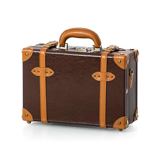 COTRUNKAGE Carry On Luggage Niedlich PU Schminkkoffer Kosmetikkoffer Hartschale Übernachtung Vintage Handgepäck Koffer Cabin Bag für Damen und Herren mit Riemen, Kakaobraun, 13" von COTRUNKAGE