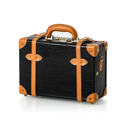 COTRUNKAGE Carry On Luggage Niedlich PU Schminkkoffer Kosmetikkoffer Hartschale Übernachtung Vintage Handgepäck Koffer Cabin Bag für Damen und Herren mit Riemen, Schwarz, 13" von COTRUNKAGE