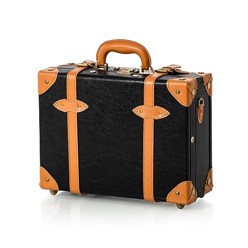 COTRUNKAGE Carry On Luggage Niedlich PU Schminkkoffer Kosmetikkoffer Hartschale Übernachtung Vintage Handgepäck Koffer Cabin Bag für Damen und Herren mit Riemen, Schwarz, 16" von COTRUNKAGE