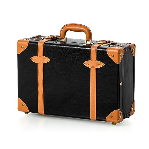 COTRUNKAGE Carry On Luggage Niedlich PU Schminkkoffer Kosmetikkoffer Hartschale Übernachtung Vintage Handgepäck Koffer Cabin Bag für Damen und Herren mit Riemen, Schwarz, 18" von COTRUNKAGE